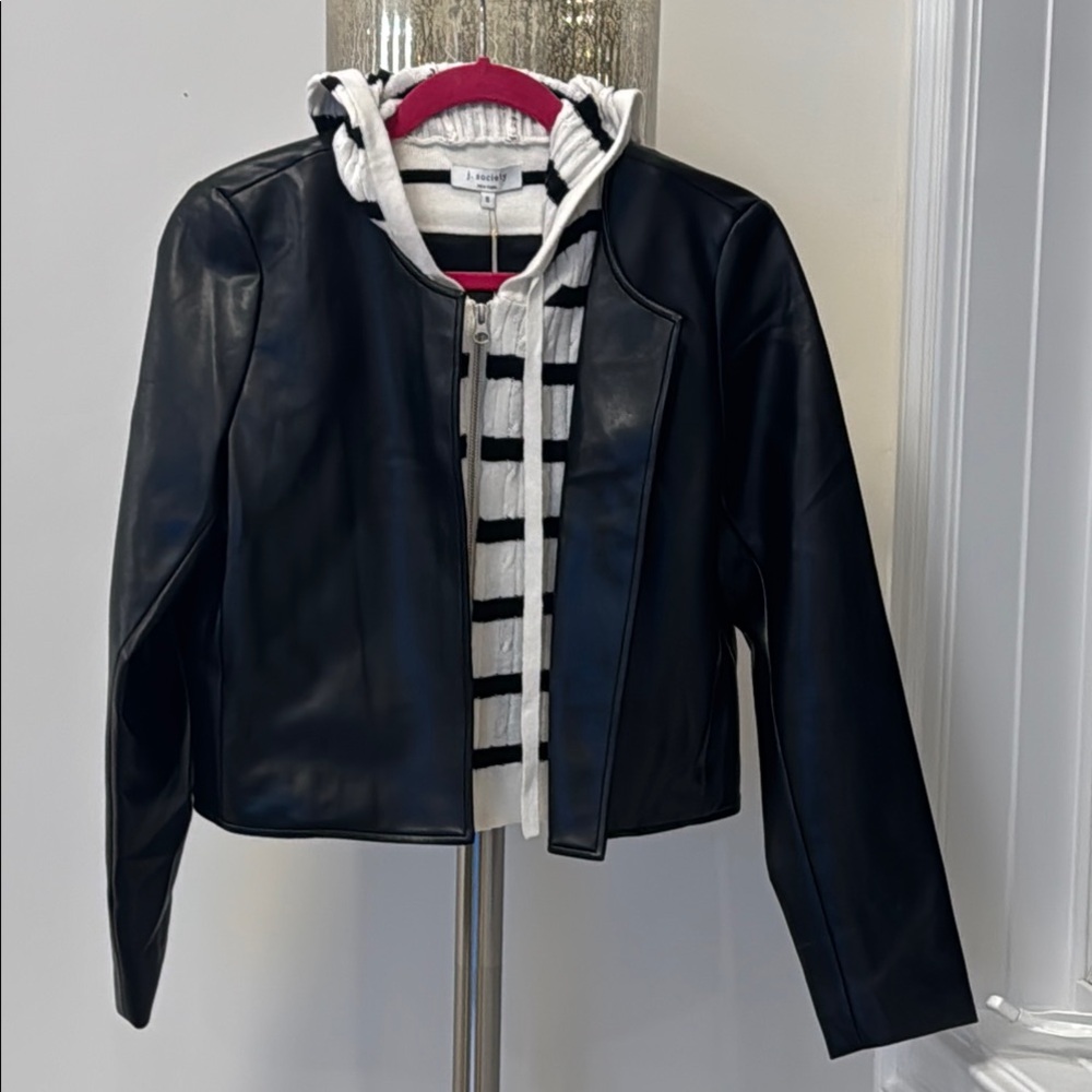 J Society Black Behan leather Jacket with Striped Hoodie